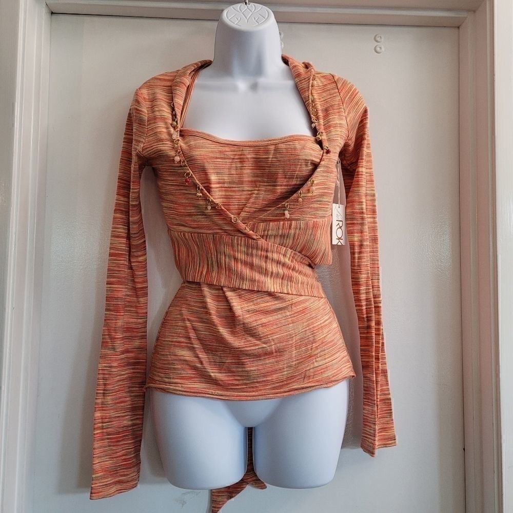 LaRok stripe cold shoulder hooded 2 piece wrap with gemstones